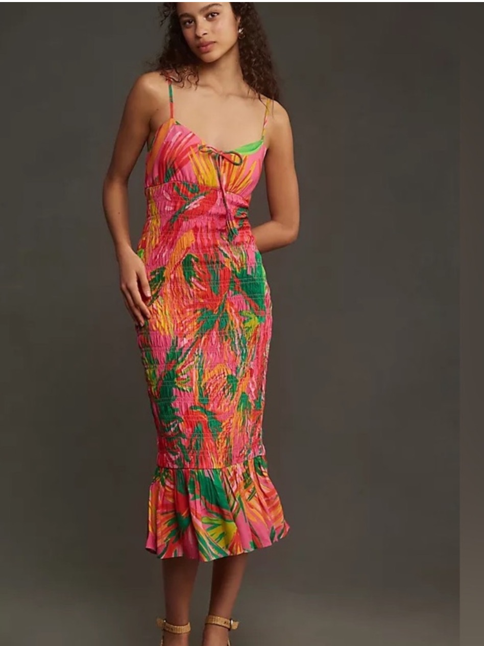 Farm Rio Pink, Green & Orange Tropical Smocked Midi Dress